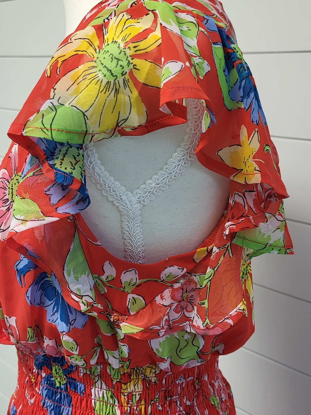 Jessica Simpson Red Floral Midi Dress with Yellow, Blue & Green Accents - Picture 5 of 12